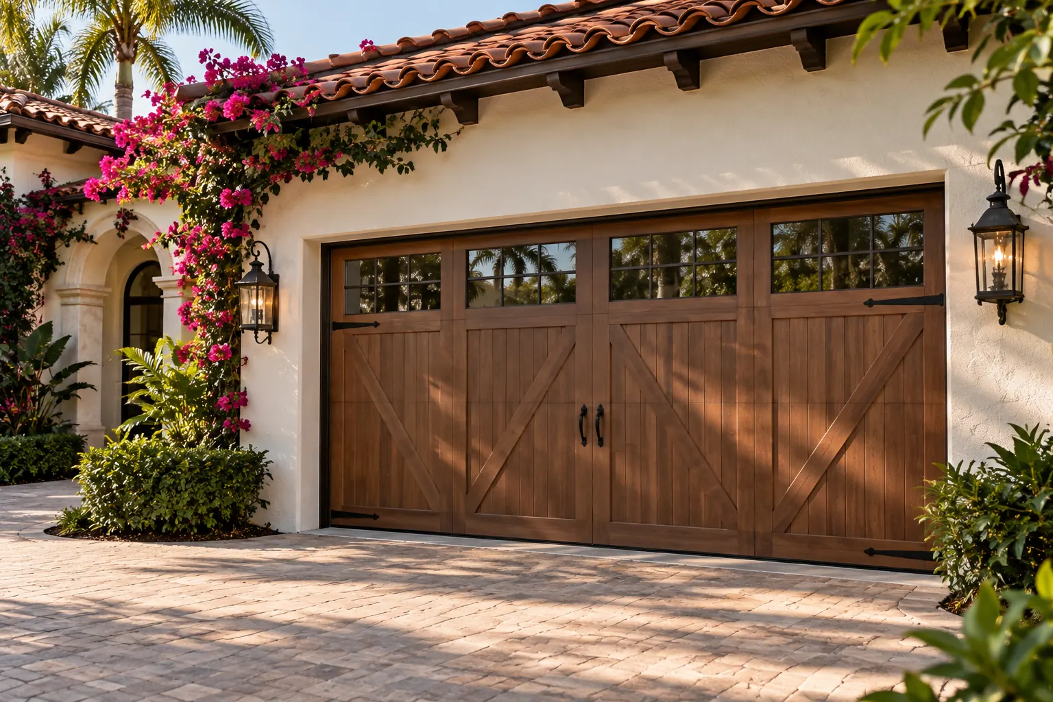 Walnut carriage-house garage door on a Spanish-style home with bougainvillea