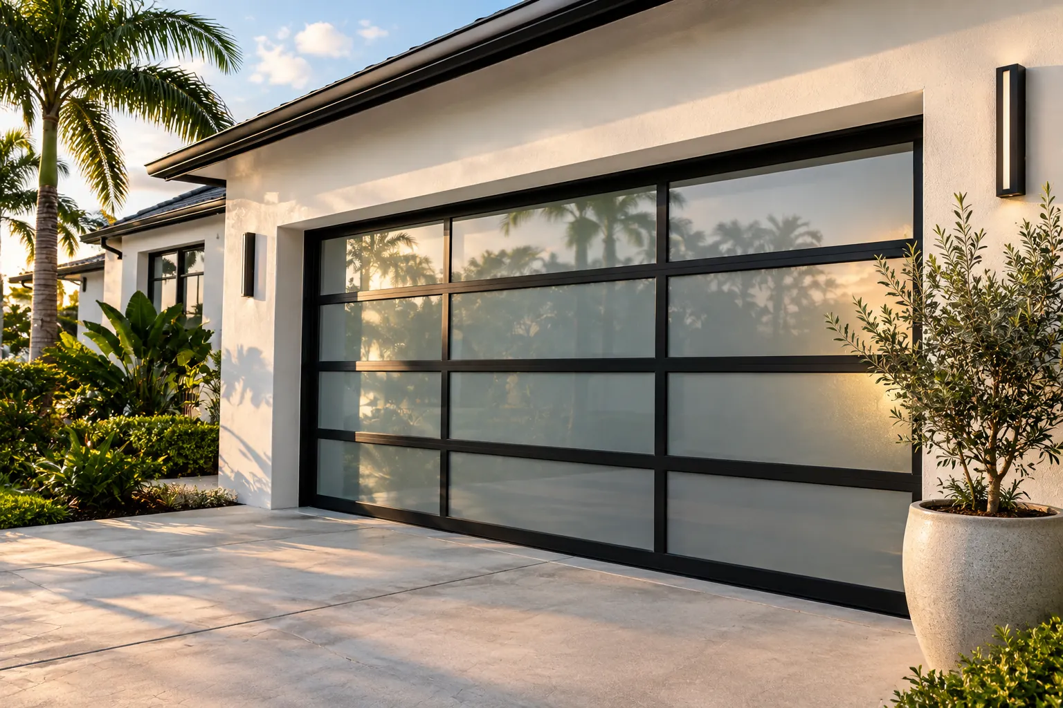 Black full-view aluminum and frosted glass garage door beside a potted olive tree