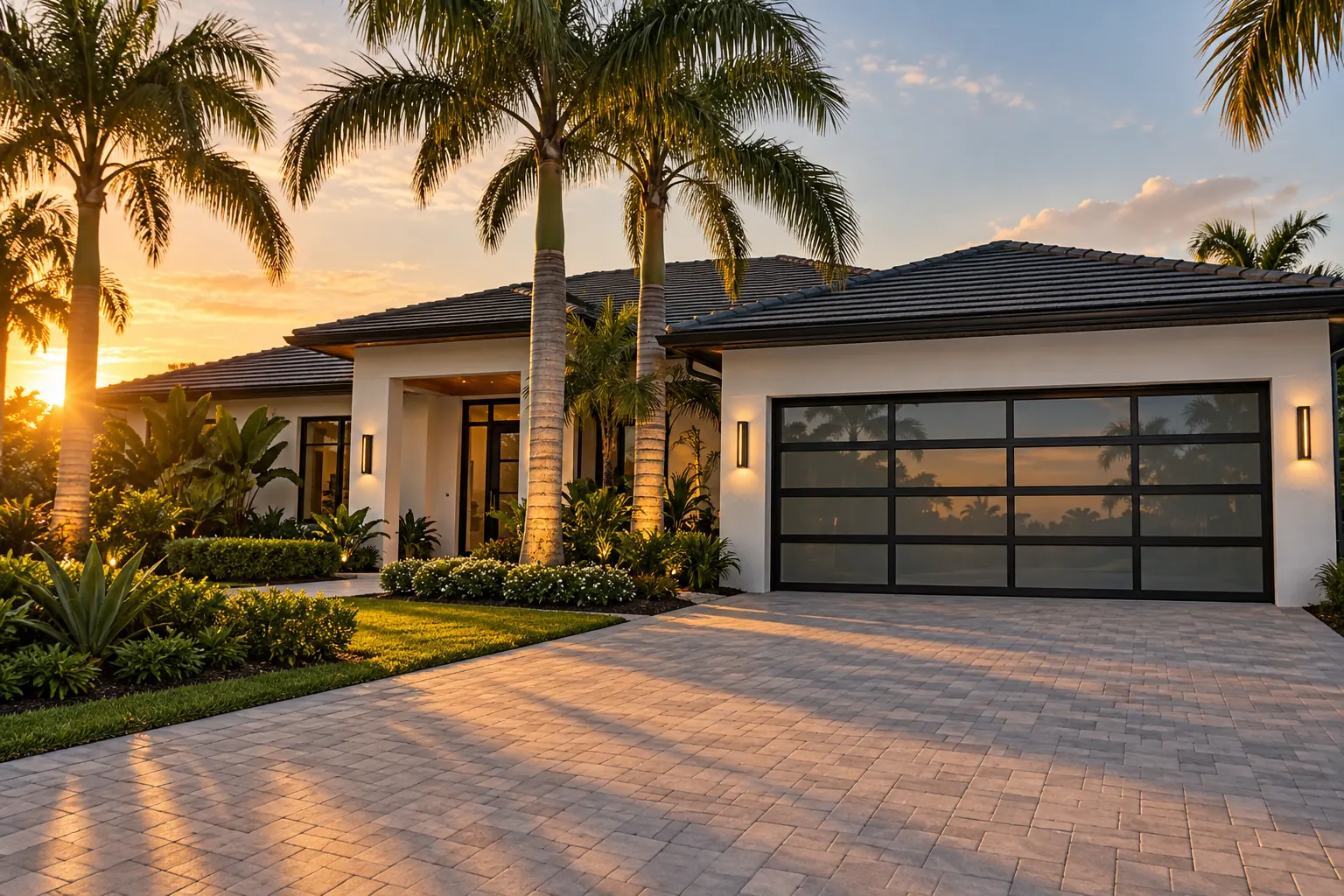 Modern South Florida home at sunset with a full-view aluminum and glass garage door