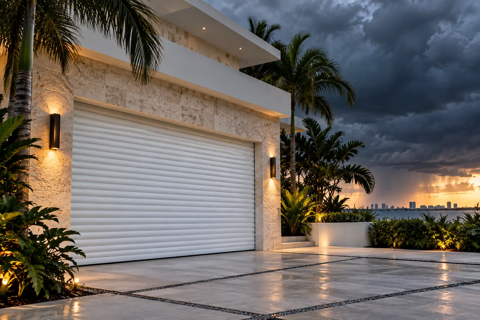 White hurricane-rated rolling impact door on a coral-stone home under a stormy sky