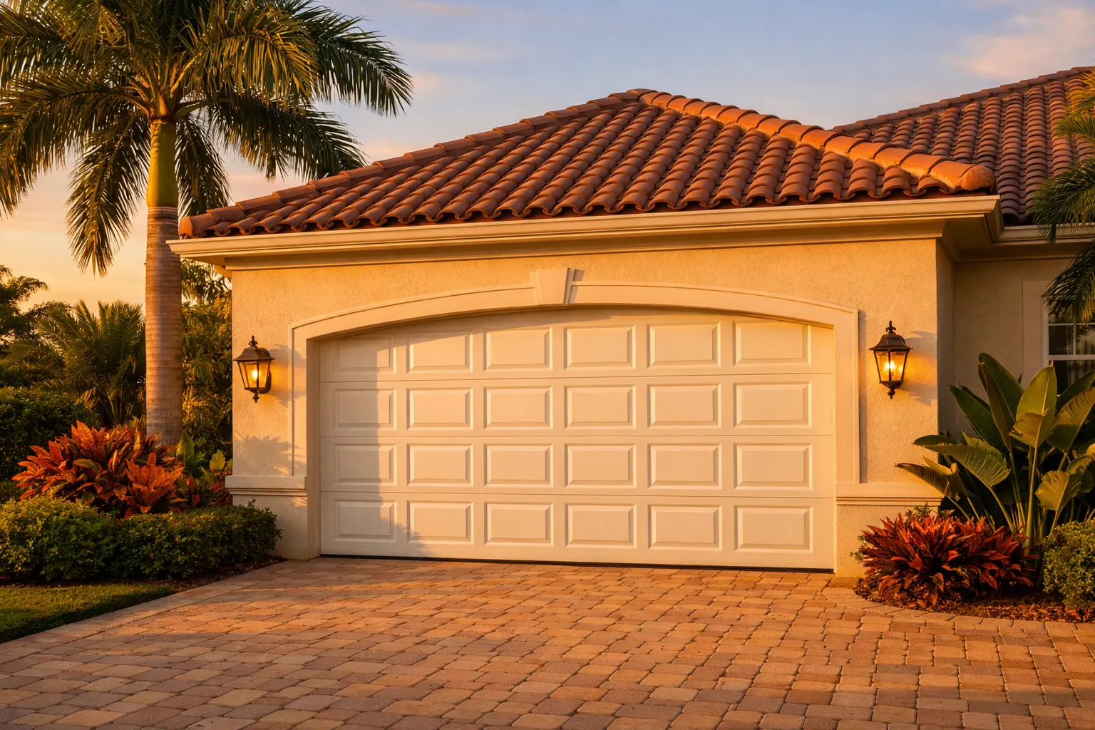 White raised-panel garage door on a stucco home with a barrel tile roof and royal palm